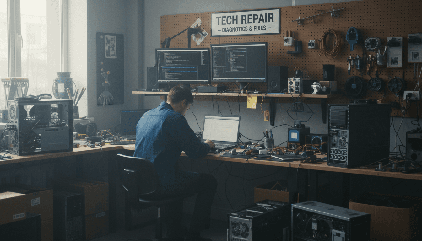 Technology specialist working at a tidy workshop bench