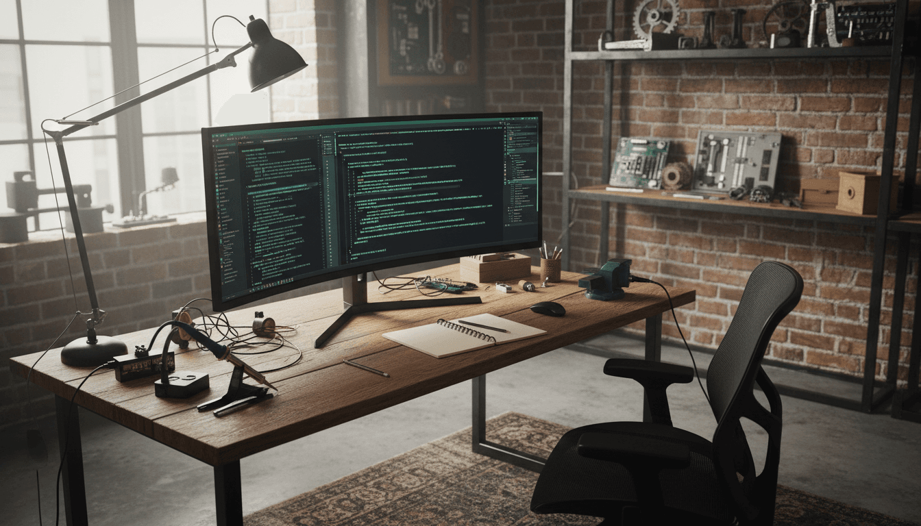 Workshop style desk with a computer monitor displaying code and a notepad