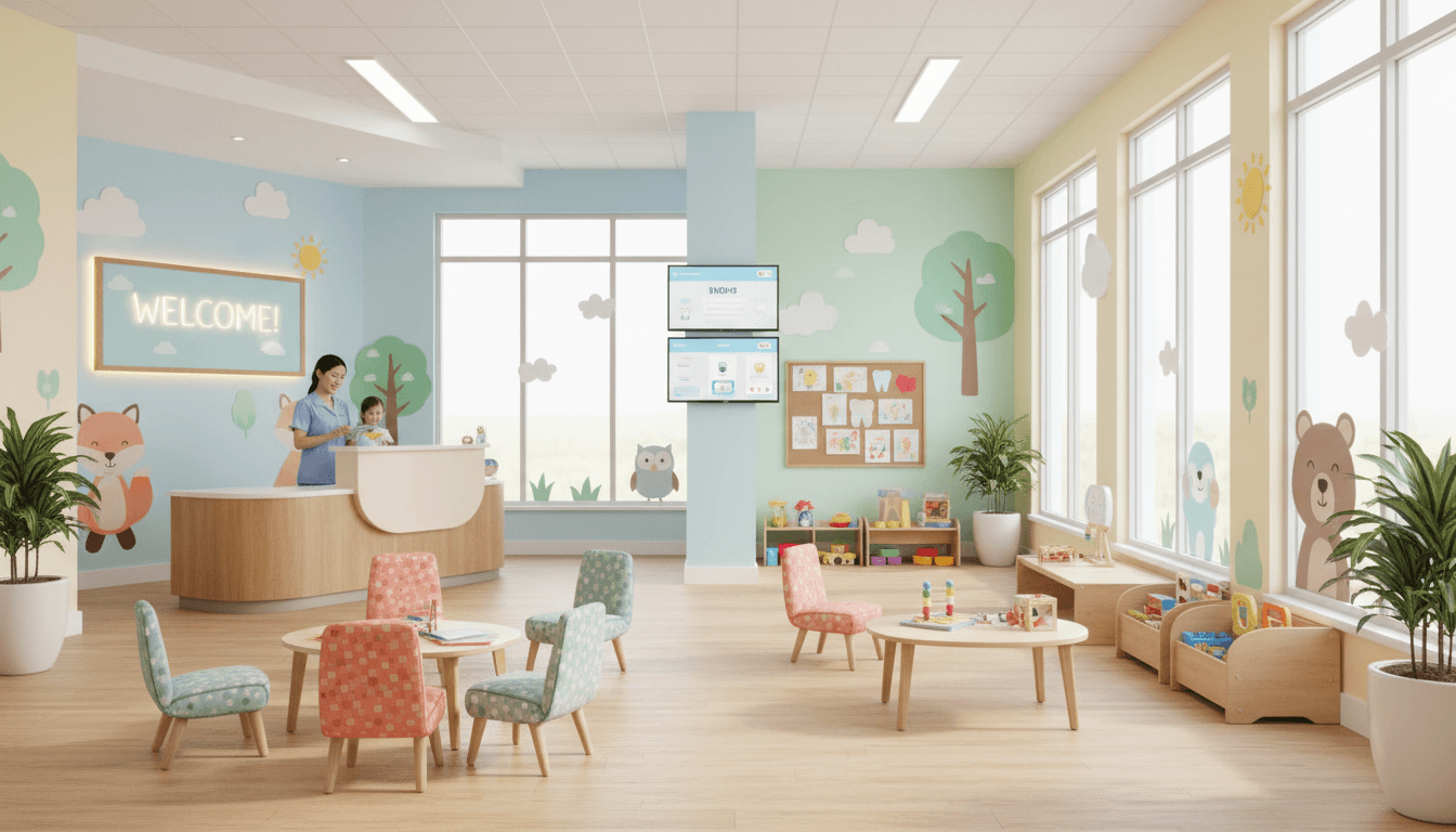 Bright pediatric clinic waiting room with colorful chairs, picture books, and a calm nurse greeting a parent and child
