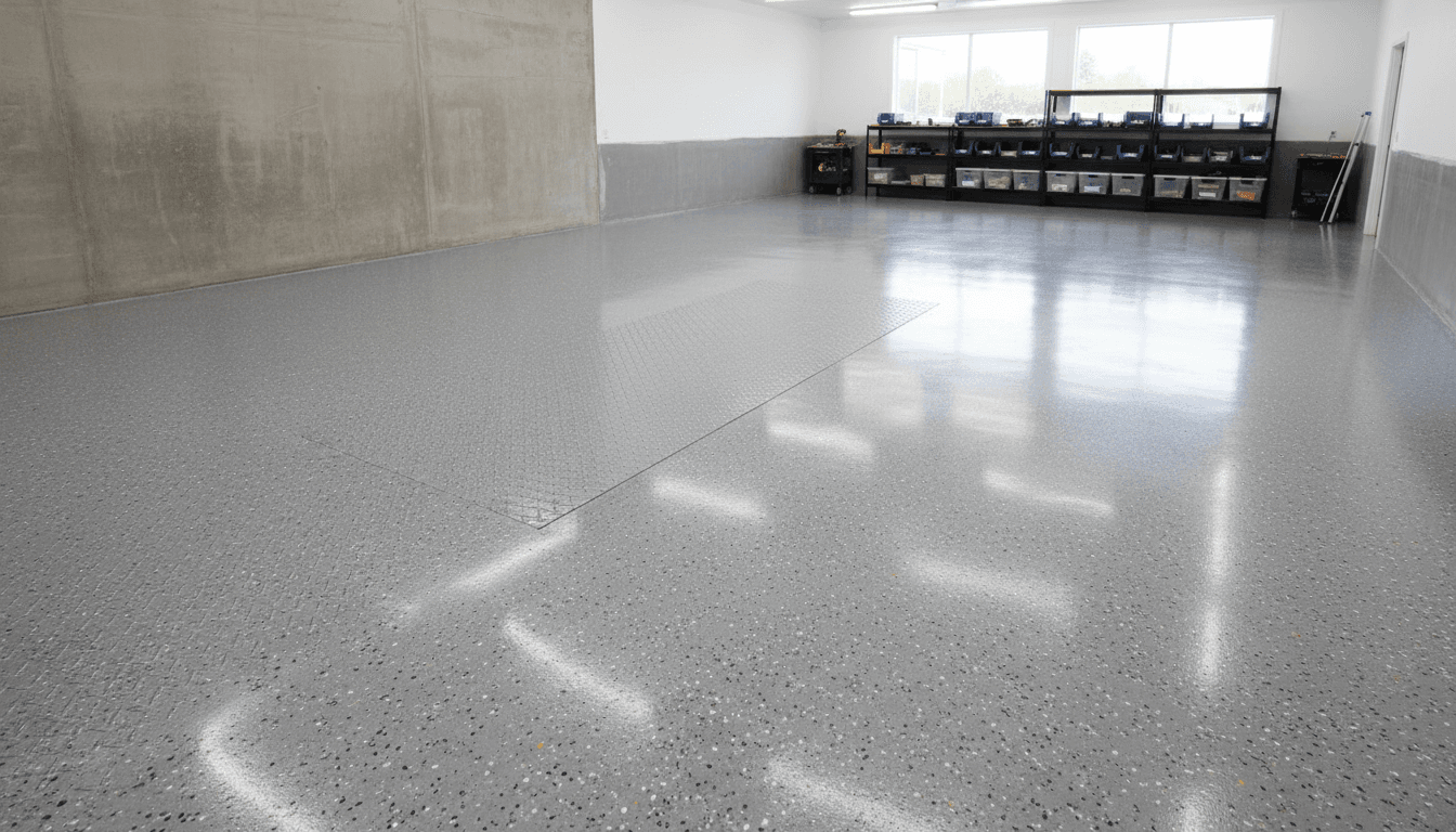 Glossy metallic epoxy garage floor in charcoal and bronze with a contractor kneeling at the edge, industrial shop lighting reflecting on the surface