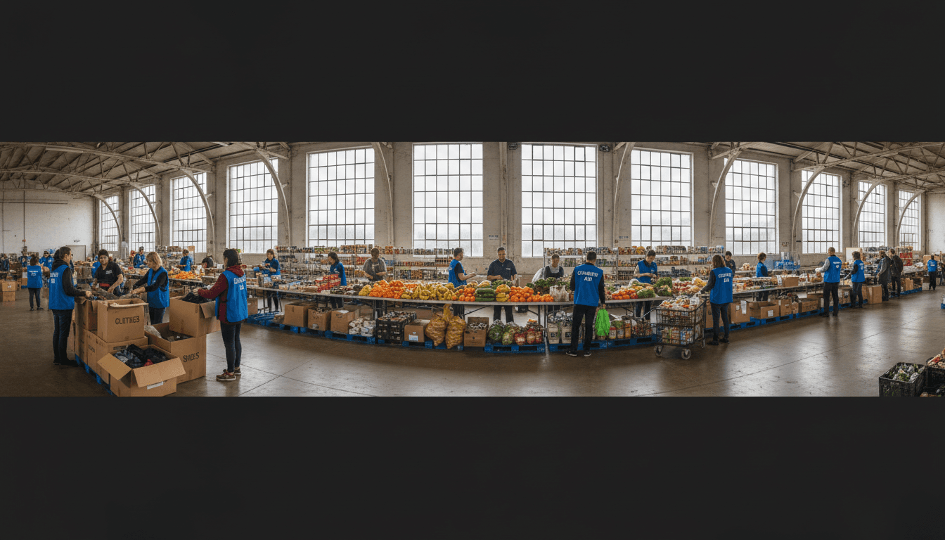 Community volunteers packing food boxes at a nonprofit warehouse table, natural window light, diverse neighbors working together