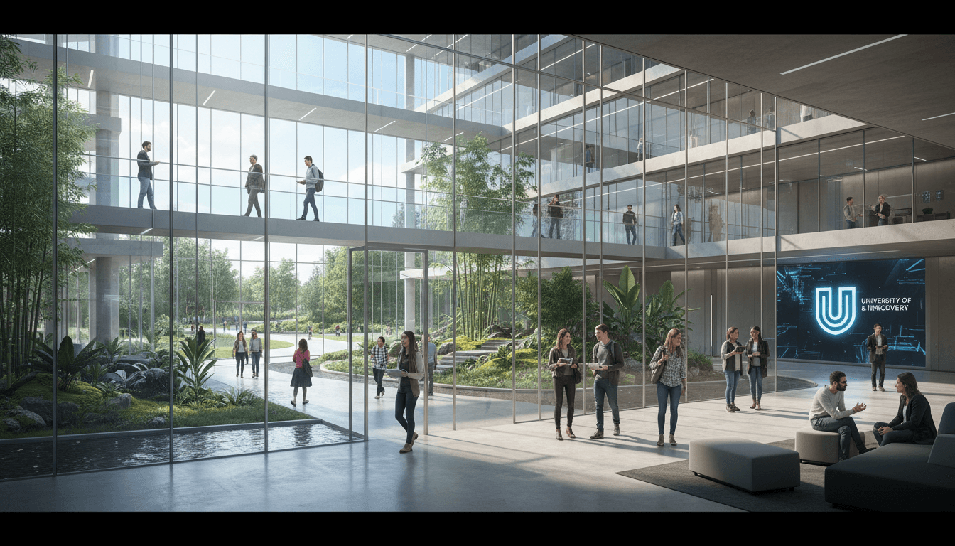 Modern community college campus atrium with glass railings, students walking between class, and warm afternoon light on brick and steel architecture