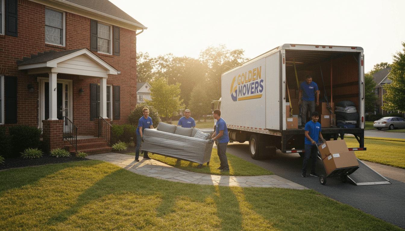 Two movers in navy uniforms carrying a wrapped sofa from a brick townhouse to a branded moving truck on a tree-lined residential street