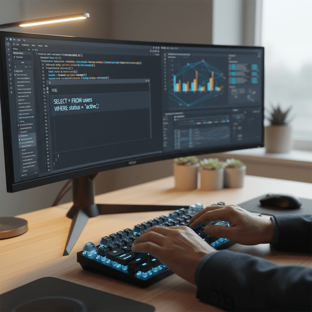 Database specialist's hands typing on keyboard with code displayed on dual monitors in professional workspace