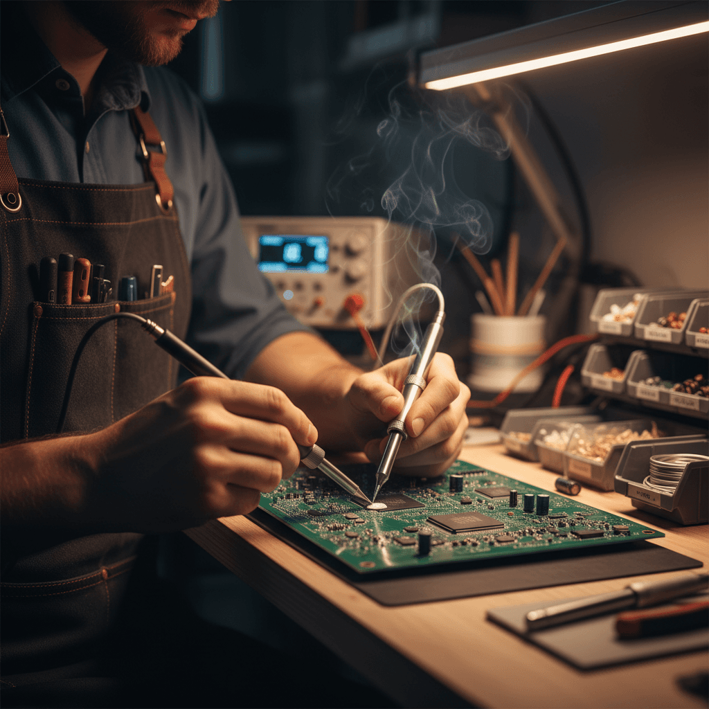 Experienced technician at a well-organized electronics workbench, soldering iron and spare parts in warm workshop light, documentary photo