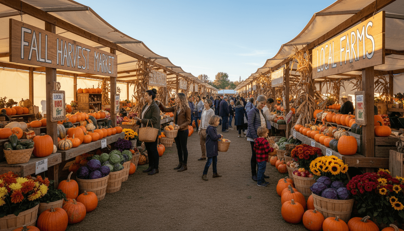 Sunlit farm market stand with wooden crates of apples, pumpkins, and flowers, families browsing outdoors against rolling orchard hills