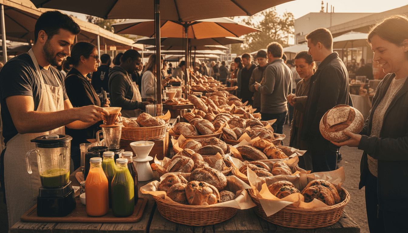 Indoor farm market counter with fresh bread, produce baskets, and a chalkboard catering menu in warm wood-paneled light